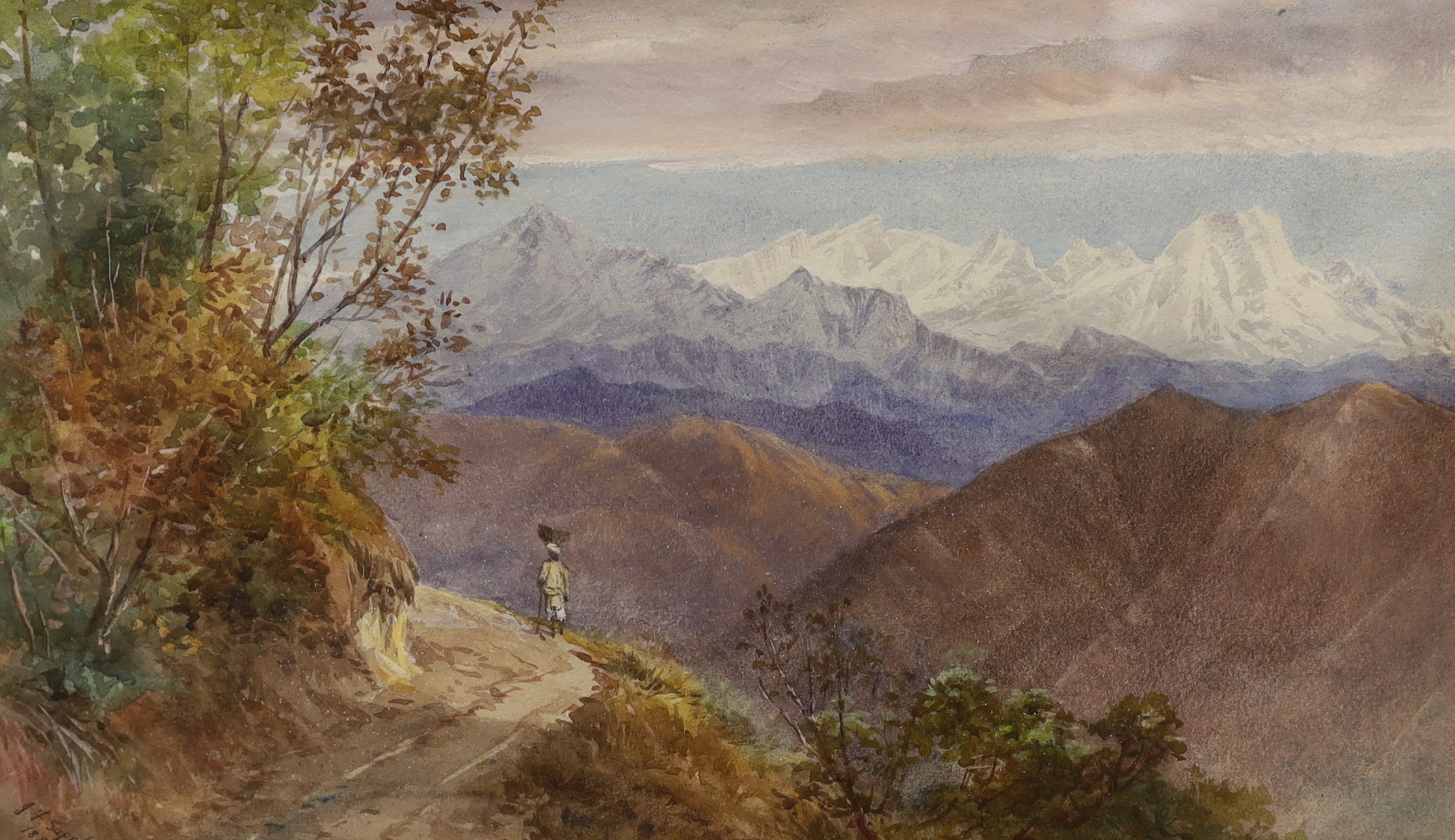 I. J. Sapple, three watercolours, Mountainous landscapes and bridge over water, each signed and dated 1872 and 1881, 27 x 44cm